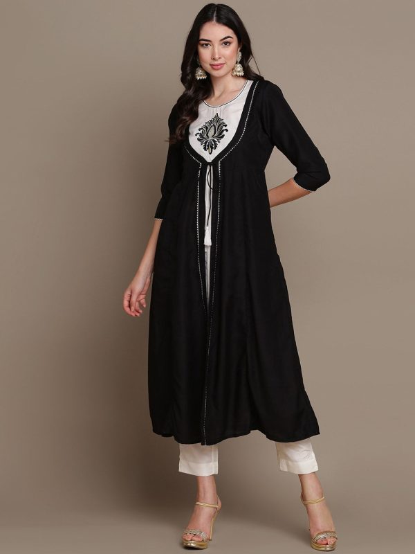 HERE&NOW Ethnic Motifs Embroidered Layered A-Line Cotton Kurta Online now