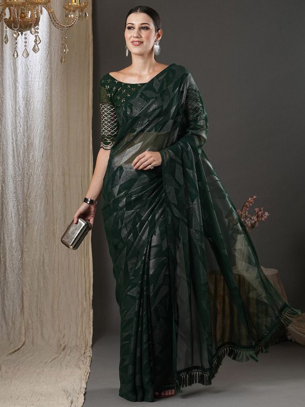 Saree Mall Green Abstract Printed Pure Georgette Saree on Sale