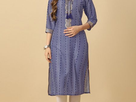 HERE&NOW Blue & White Tie-Up Neck Bandhani Printed Sequined Straight Kurta Sale