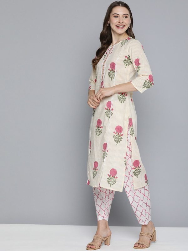 HERE&NOW Floral Printed Panelled Pure Cotton Kurta with Salwar & With Dupatta For Cheap