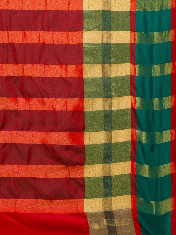 Saree Mall Red & Gold-Toned Silk Cotton Colourblocked Kanjeevaram Saree on Sale