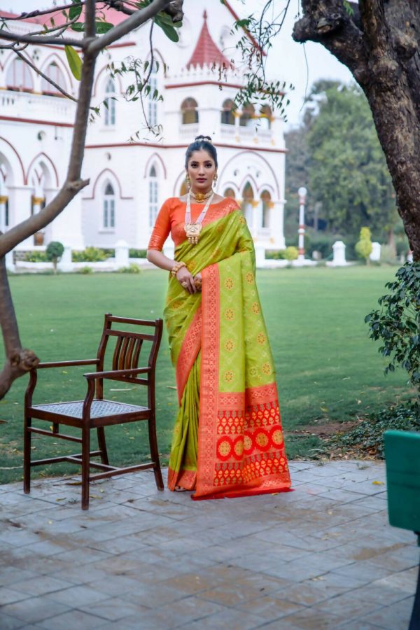 Vishnu Weaves Women s Lime Green Patola Banarasi Silk Meenakari Zari Woven Saree with Blouse Online