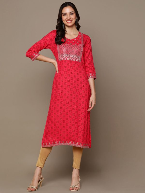 HERE&NOW Ethnic Motifs Printed Sequined Embroidered Straight Kurta For Sale