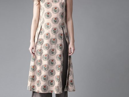 HERE&NOW Women Beige & Grey Printed Kurta with Palazzos Online