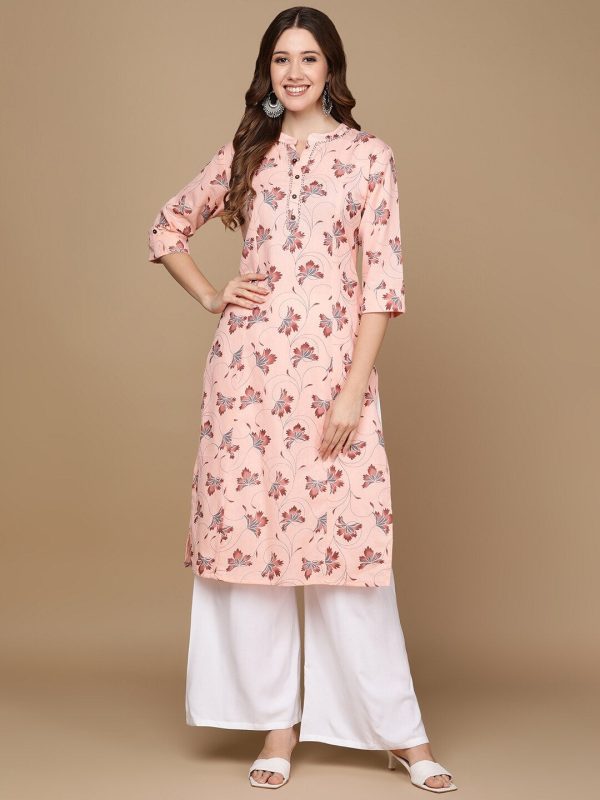 HERE&NOW Pink & Maroon Floral Printed Pure Cotton Kurta Hot on Sale