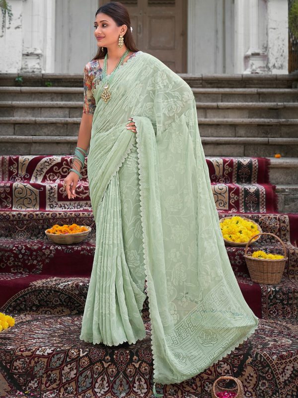 Saree Mall Floral Woven Design Pure Chiffon Sarees Hot on Sale