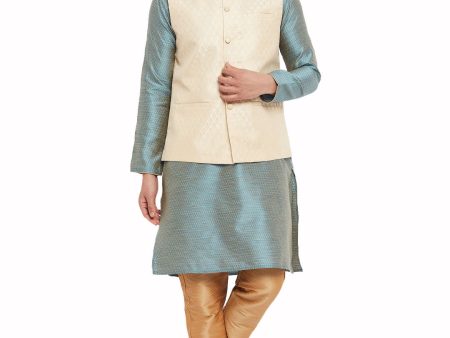 VM by Vastramay Men s Aqua, Cream And Rose Gold Silk Blend Jacket, Kurta And Pyjama Set Online Sale