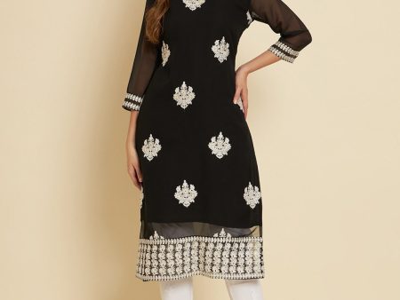 HERE&NOW Black & White Ethnic Motifs Chikankari Embroidered Georgette Kurta Cheap