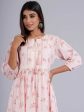 HERE&NOW Peach & White Floral Printed Tie-Up Neck Cotton A-Line Kurta For Cheap