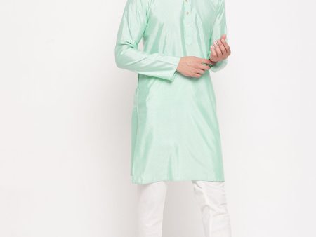 VM by Vastramay Men s Aqua And Cream Silk Blend Kurta Pyjama Set For Discount