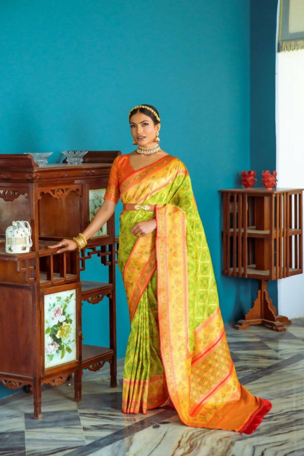 Vishnu Weaves Women s Parrot Green Patola Banarasi Silk Meenakari Zari Woven Saree with Blouse Sale