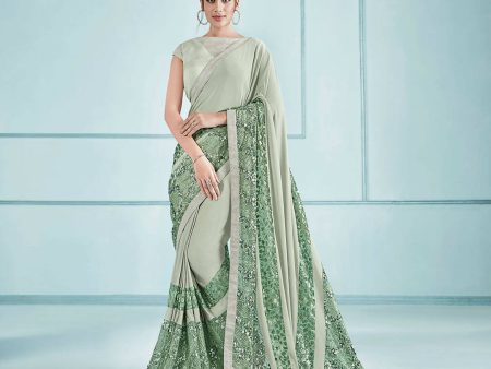 Sea Green Lycra Embroidery Saree with Unstitched Blouse Piece - Norita Elaura Sale