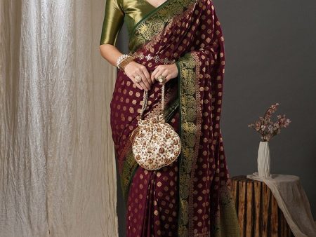 Anouk Burgundy & Green Ethnic Motifs Woven Design Zari Pure Georgette Kanjeevaram Saree For Discount