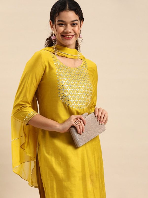 Anouk Women Mustard Yellow Yoke Design Chanderi Silk Kurta with Palazzos & Dupatta Online now