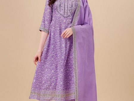 HERE&NOW Purple Floral Printed Pure Cotton A-Line Kurta & Trousers With Dupatta Cheap