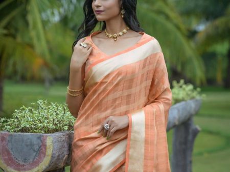 Vishnu Weaves Women s Orange Organza Silk Zari Woven Saree with Blouse Discount