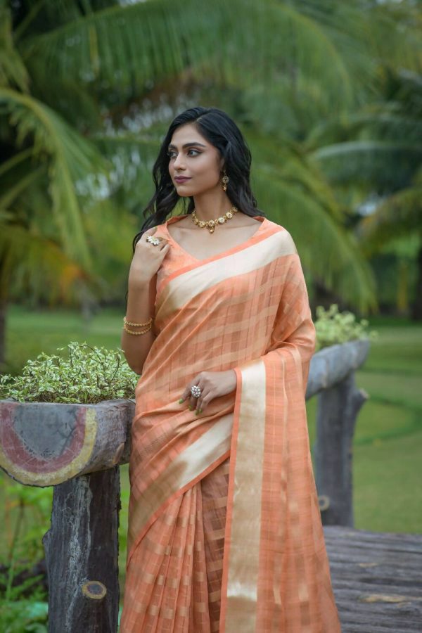 Vishnu Weaves Women s Orange Organza Silk Zari Woven Saree with Blouse Discount