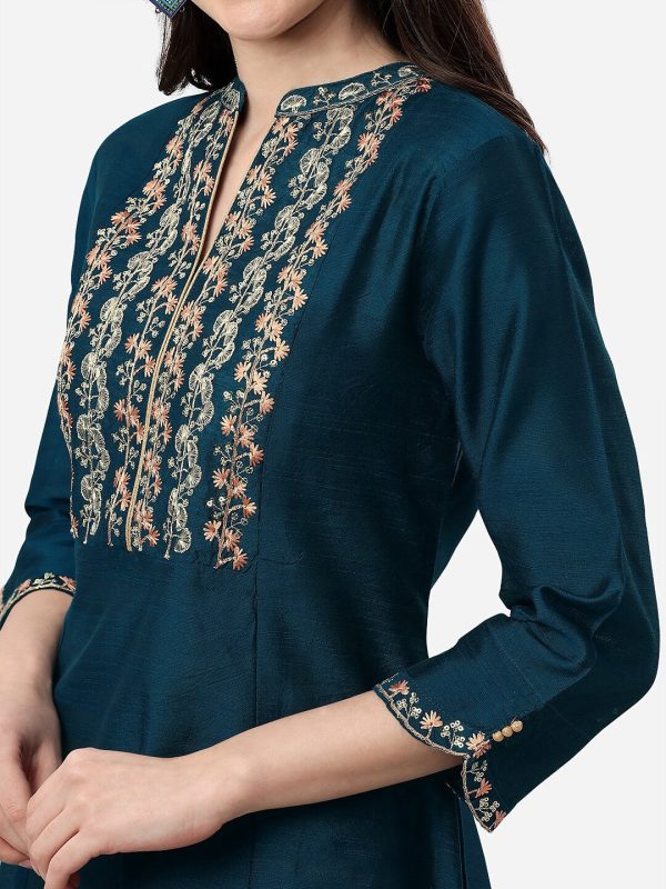 HERE&NOW Mandarin Collar Floral Embroidered A-Line Regular Fit Silk Kurta Discount