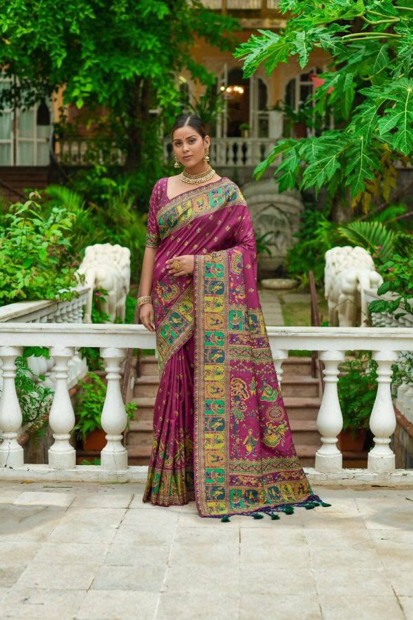 Vishnu Weaves Women s Wine Banarasi Silk Kashmiri Woven Saree with Blouse Supply