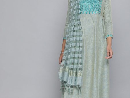 HERE&NOW Grey & Blue Embroidered Cotton Kurta with Trousers & With Dupatta Sale