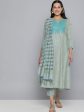 HERE&NOW Grey & Blue Embroidered Cotton Kurta with Trousers & With Dupatta Sale