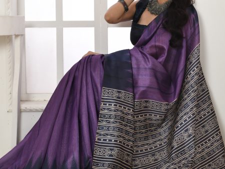 Vishnu Weaves Women s Purple Tussar Silk Temple Print Saree with Blouse Online Hot Sale