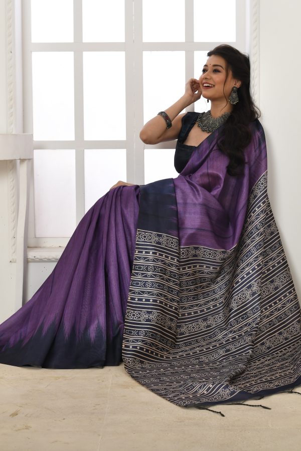 Vishnu Weaves Women s Purple Tussar Silk Temple Print Saree with Blouse Online Hot Sale