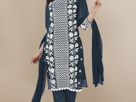 HERE&NOW Floral Embroidered Chikankari Kurta with Trousers & Dupatta Hot on Sale