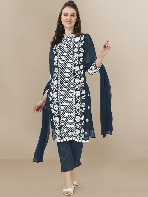 HERE&NOW Floral Embroidered Chikankari Kurta with Trousers & Dupatta Hot on Sale