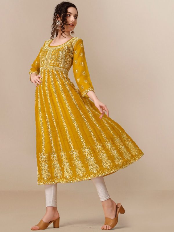 HERE&NOW Ethnic Motifs Embroidered Chikankari Georgette Anarkali Kurta Sale