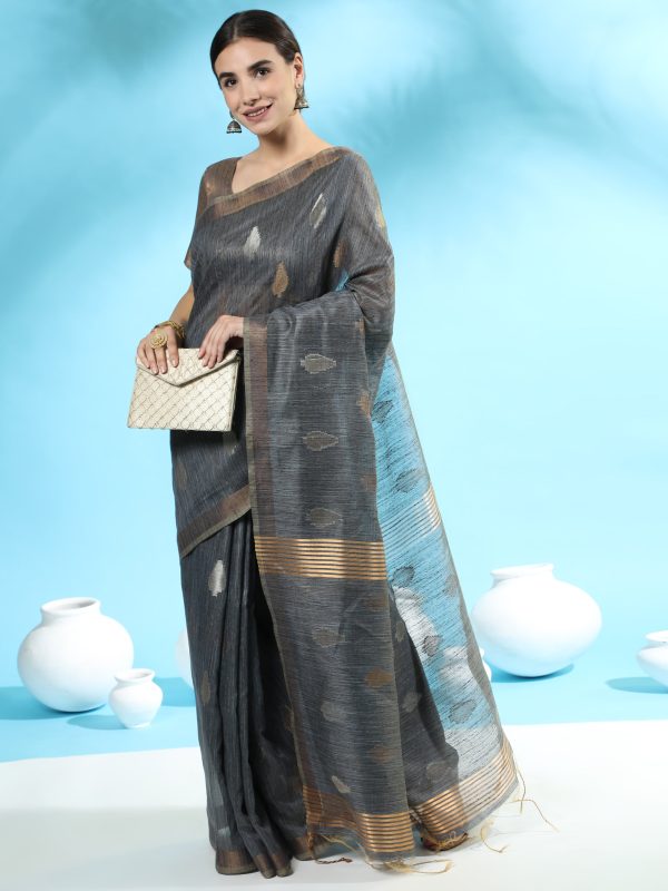 Vishnu Weaves Women s Dark Grey Handloom Silk Zari Woven Saree with Blouse Fashion