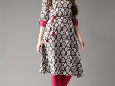 HERE&NOW Grey & White Ethnic Motifs Printed Cotton Kurta Supply