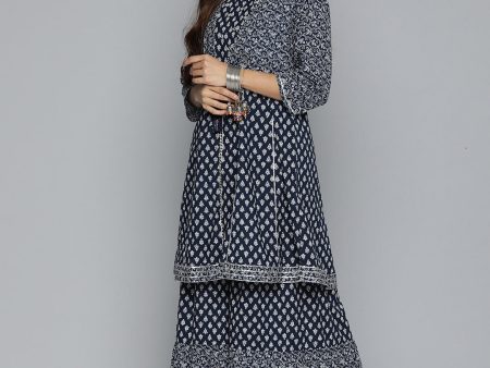 HERE&NOW Ethnic Motifs Printed Layered Gotta Patti Pure Cotton Kurta with Sharara Sale