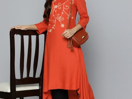 HERE&NOW Mirror Work Embroidered Keyhole Neck Asymmetric Dipped Hem Kurta Sale