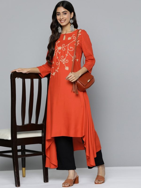 HERE&NOW Mirror Work Embroidered Keyhole Neck Asymmetric Dipped Hem Kurta Sale