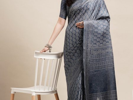 Saree Mall Grey & White Floral Art Silk Sarees For Discount