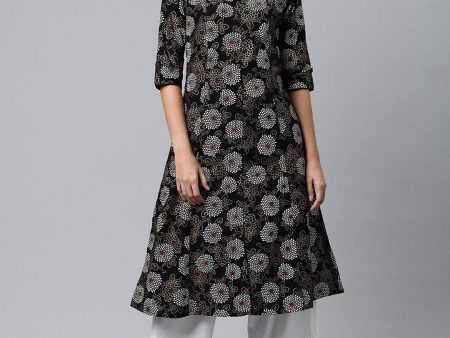 HERE&NOW Mandarin Collar Floral Printed Cotton Kurta For Discount