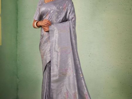 Delightful Designer Grey Color Kanjivaram Silk Saree With Weaving Work - Yomika Fashions Hot on Sale