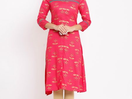 HERE&NOW Coral Mandarin Collar Ethnic Motifs Printed A-Line Kurta Cheap