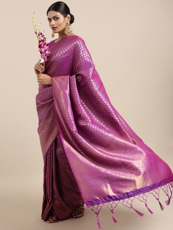 Saree Mall Purple Ethnic Motifs Zari Silk Blend Banarasi Sarees Fashion