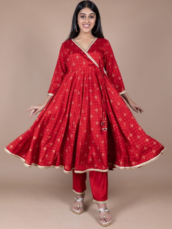 HERE&NOW Red & Beige Ethnic Motifs Printed Angrakha Gotta Patti Kurta with Trousers Online