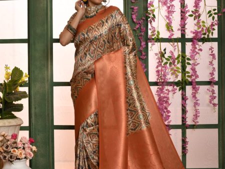 Vishnu Weaves Women s Orange Banarasi Silk Zari Woven Patola Saree with Blouse Sale