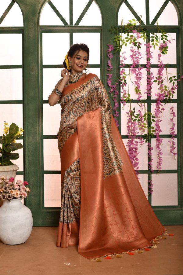 Vishnu Weaves Women s Orange Banarasi Silk Zari Woven Patola Saree with Blouse Sale