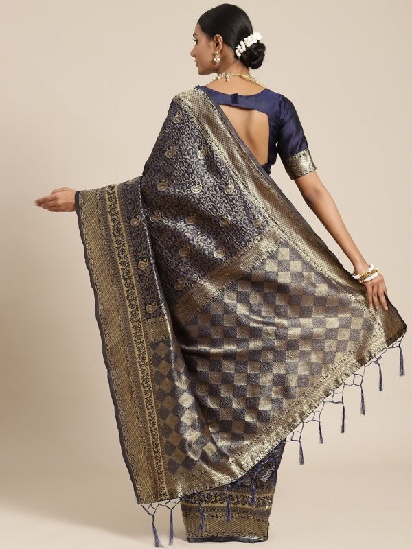 Saree Mall Navy Blue & Gold-Toned Ethnic Motifs Zari Silk Blend Banarasi Sarees Sale