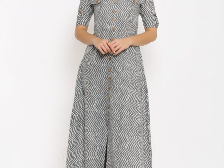 HERE&NOW Grey Shirt Collar Chevron Printed Roll Up Sleeves A-Line Kurta Hot on Sale