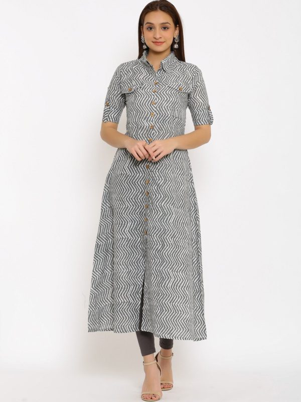 HERE&NOW Grey Shirt Collar Chevron Printed Roll Up Sleeves A-Line Kurta Hot on Sale