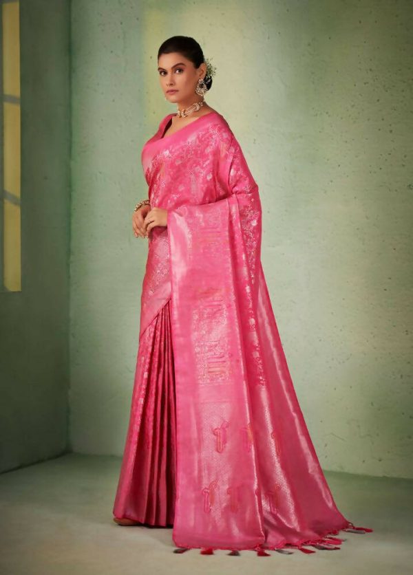 Glorious Designer Pink Color Kanjivaram Silk Saree With Weaving Work - Yomika Fashions For Cheap