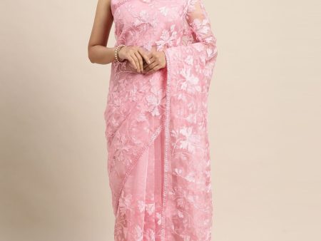 Saree Mall Pink Floral Embroidered Organza Sarees Online Sale