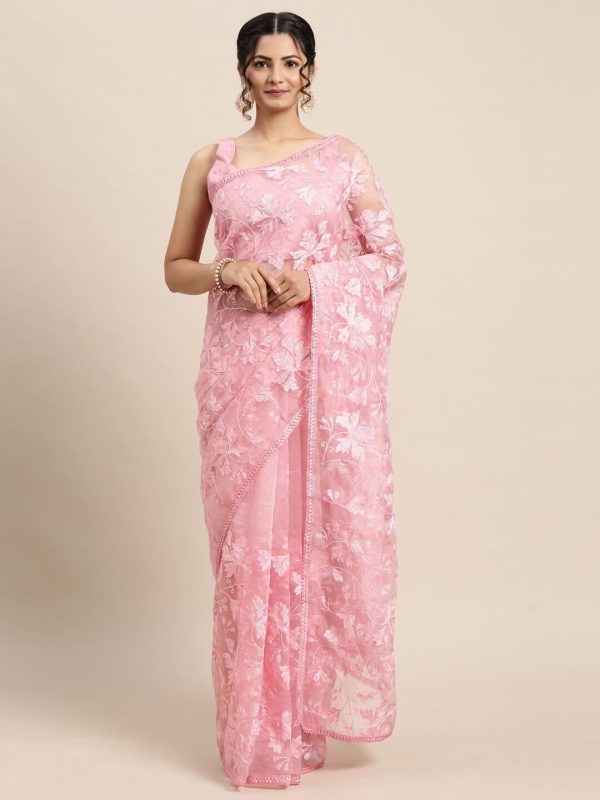 Saree Mall Pink Floral Embroidered Organza Sarees Online Sale