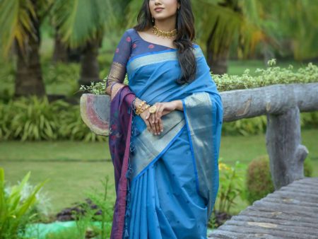 Vishnu Weaves Women s Blue Cotton Silk Zari Woven Saree with Blouse Online now